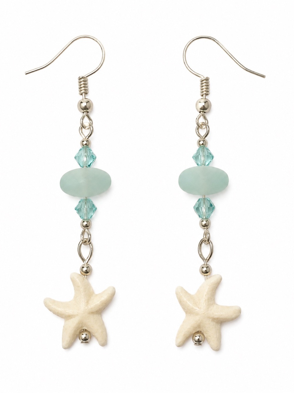 Delicate Creamy White Starfish With Sea Glass and Aqua Crystal Earrings